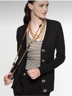 Tory Burch Simone Cardigan Black Gold Double T Logo Buttons V-Neck Sweater M